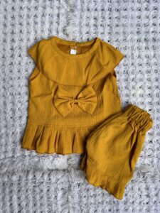 Sleeveless Deep Mustard Bow Cord Set
